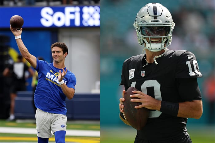 Los Angeles Rams quarterback Stetson Bennett (left) and then-Las Vegas Raiders' Jimmy Garoppolo (right).